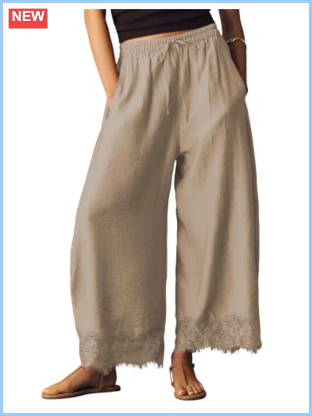 Cropped Wide Leg Lace Hem Drawstring Pants Lightweight Summer Beach Trousers